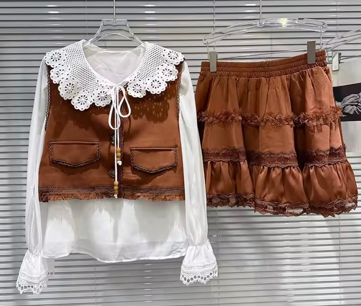 Women Brown Ruffled Sexy Three Piece Skirt Set