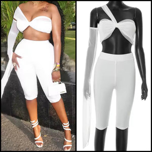 Women White One Shoulder Sexy Two Piece Capri Pant Set