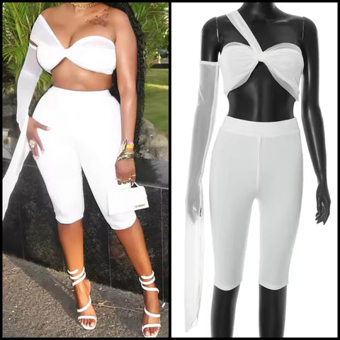Women White One Shoulder Sexy Two Piece Capri Pant Set