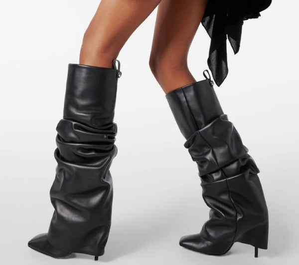 Women Fashion Faux Leather Black Ruched Knee High Boots