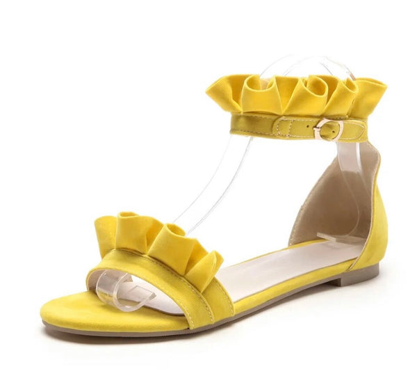 Women Fashion Ruffled Suede Flat Ankle Strap Sandals