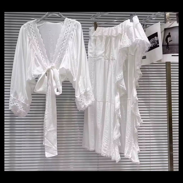 Women White Full Sleeve Wrap Top Two Piece Asymmetrical Skirt Set