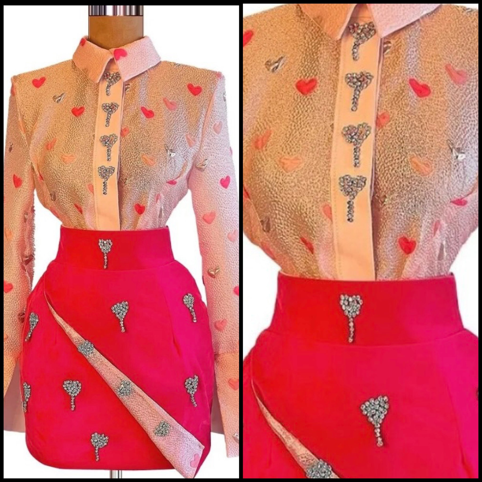 Women Sexy Heart Print Bling Button Up Two Piece Skirt Set