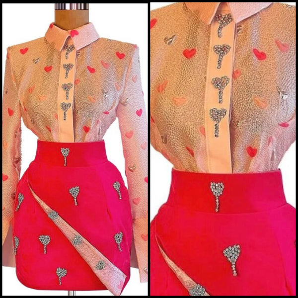 Women Sexy Heart Print Bling Button Up Two Piece Skirt Set