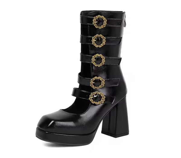 Women Fashion Square Toe Buckled Thick Heel Ankle Boots