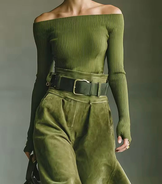 Women Green Ribbed Off The Shoulder Two Piece Suede Pant Set