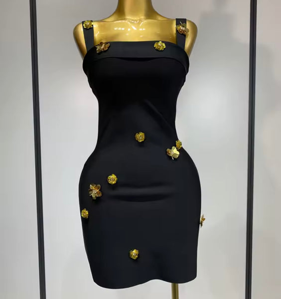 Women Black Sleeveless Gold Floral Sexy Bandage Dress