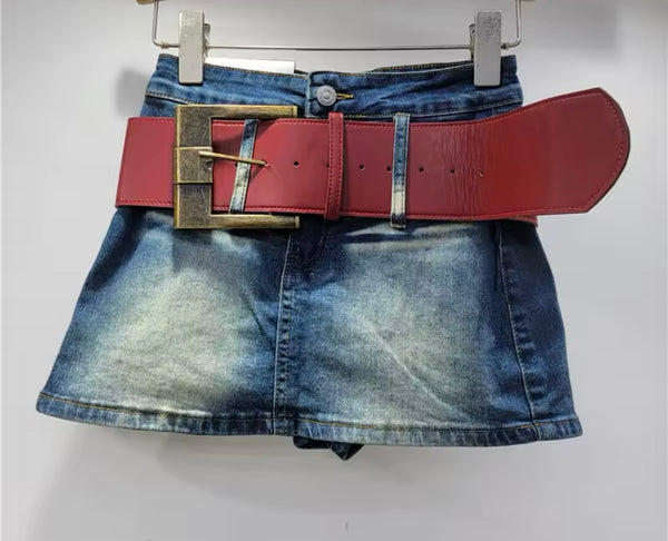 Women Fashion Color Belted Denim Skirt
