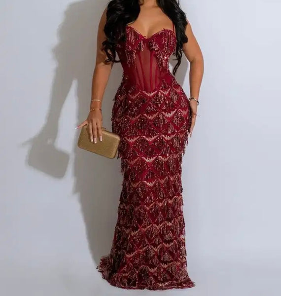 Women Sexy Sequins Tassel Sleeveless Maxi Dress