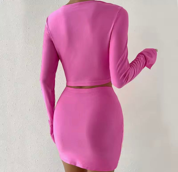 Women Pink Sexy Ruched Full Sleeve Crop Two Piece Skirt Set