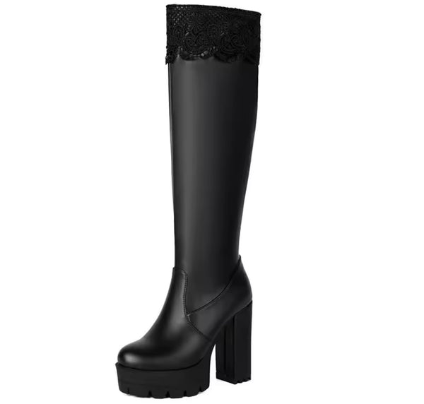 Women Fashion Lace Faux Leather Platform High Heel Boots