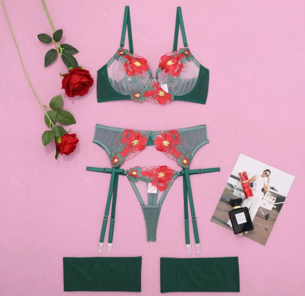 Women Sexy Green Floral G-String Lingerie Set