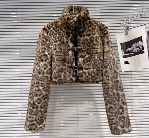 Women Fashion Leopard Print Faux Fur Jacket