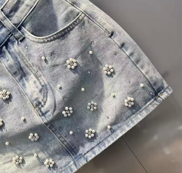 Women Fashion Rhinestone Pearl Floral Denim Skirt