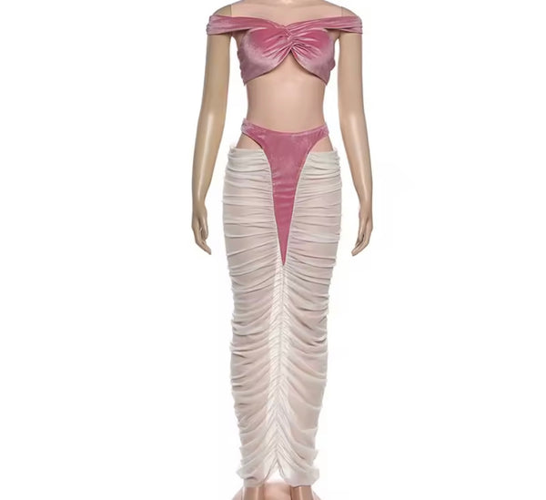 Women Sexy Sleeveless Velour Mesh Ruched Two Piece Maxi Skirt Set