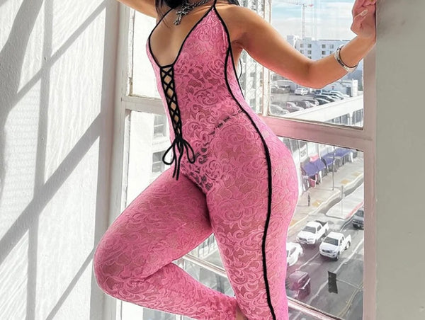 Women Sexy Pink Sleeveless Halter Lace Jumpsuit