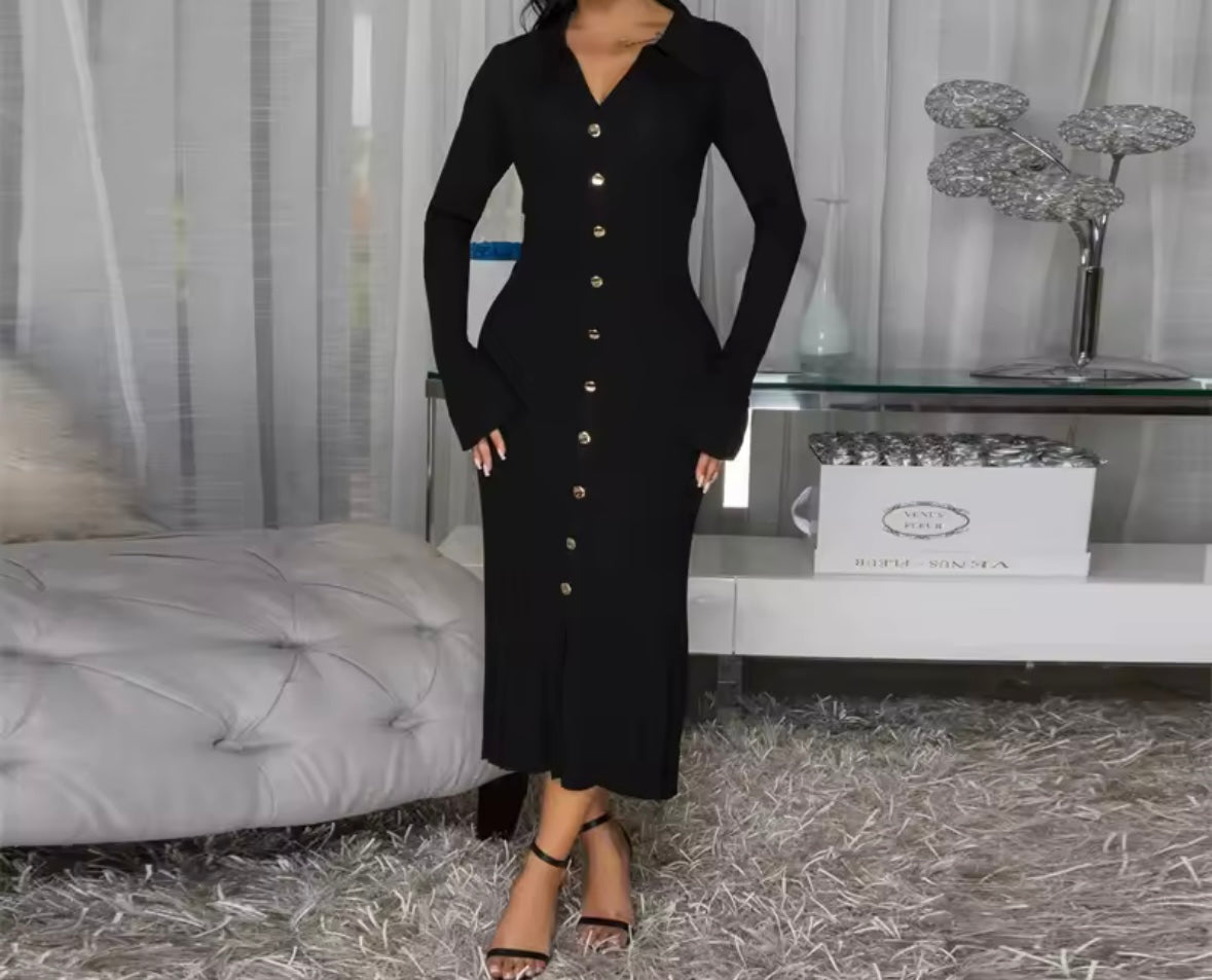 Women Sexy Button Up Full Sleeve Maxi Dress