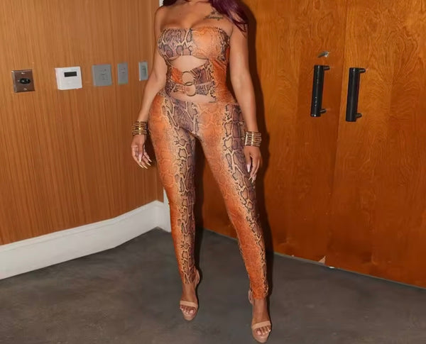 Women Strapless Color Animal Print Cut Out Fashion Jumpsuit