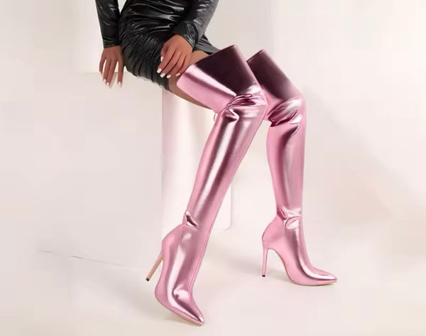 Women Fashion Color Metallic Over The Knee High Heel Boots