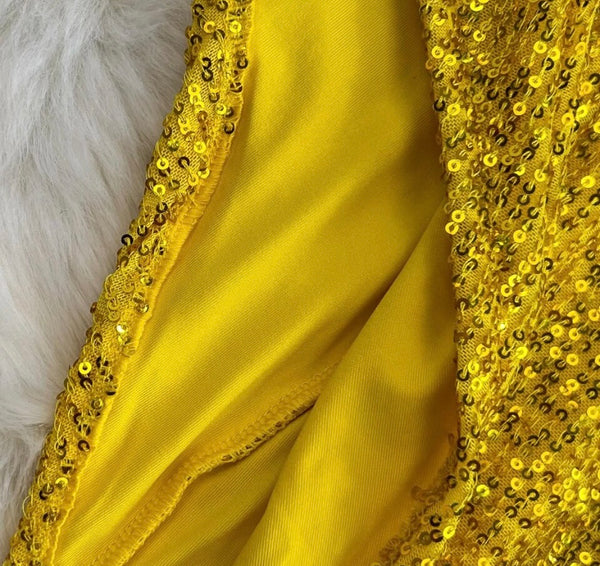 Women Yellow Sexy Strapless Sequins Asymmetrical Dress