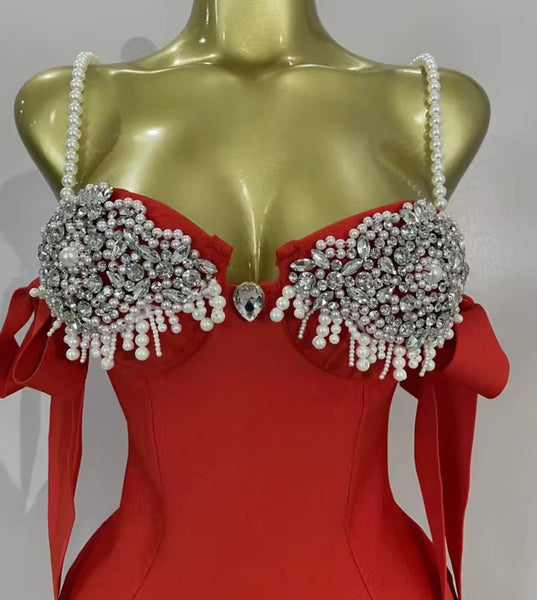 Women Sexy Pearl Rhinestone Sleeveless Bandage Dress