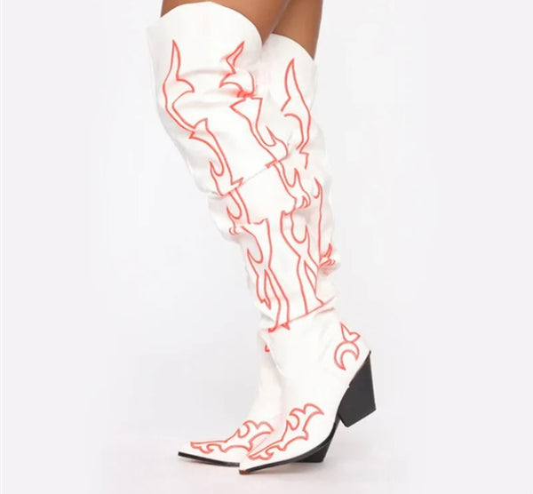 Women Fashion White Printed Knee High Western Boots