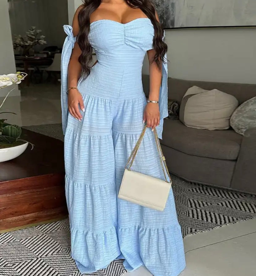 Women Sexy Off The Shoulder Open Back Wide Leg Jumpsuit