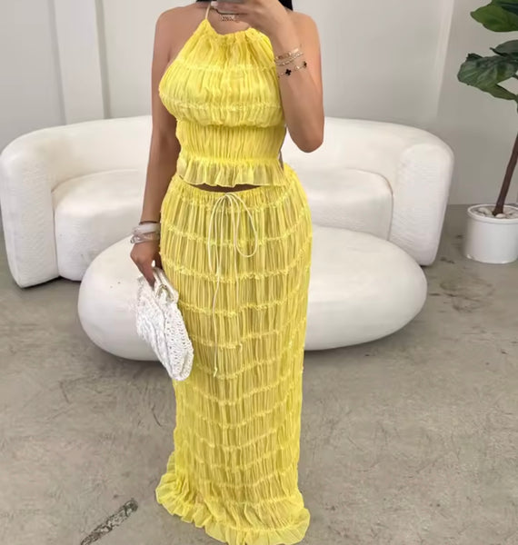 Women Sexy Yellow Halter Sleeveless Open Back Two Piece Maxi Skirt Set