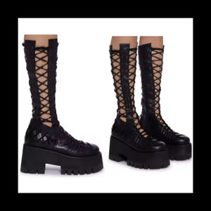 Women Black Platform Fashion Cut Out Lace Up Ankle Boots