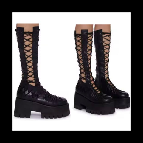 Women Black Platform Fashion Cut Out Lace Up Ankle Boots