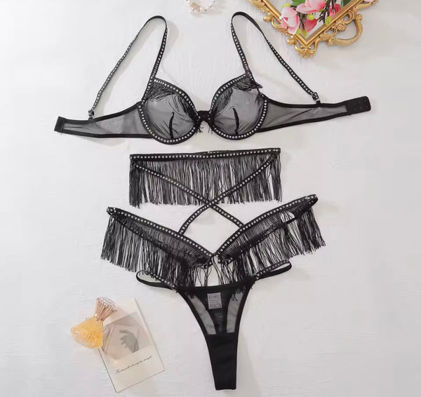 Women Sexy Rhinestone Black Fringe Tassel Mesh Lingerie Set