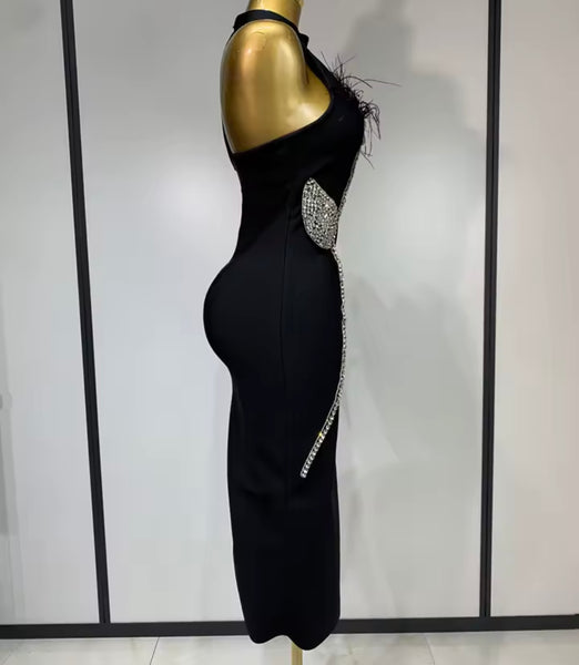 Women Black Rhinestone Flower Sleeveless Sexy Dress