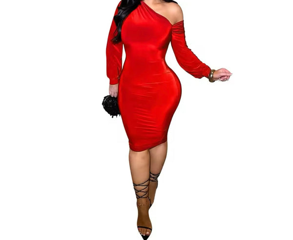 Women Sexy Skew Collar Full Sleeve Solid Color Dress