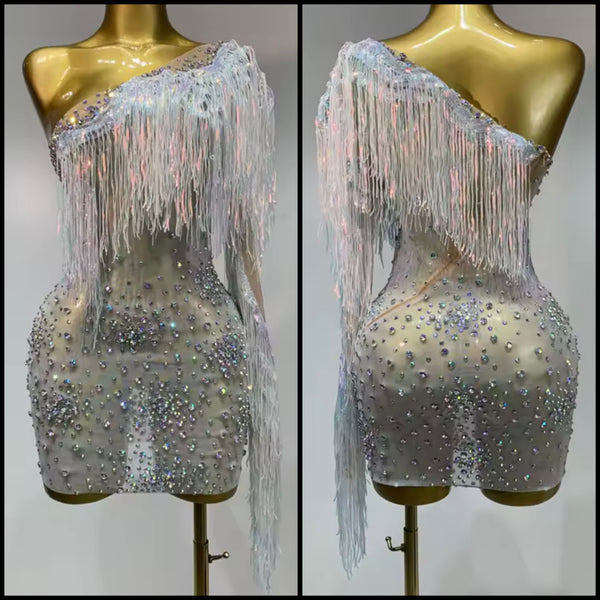 Women Sexy One Shoulder Silver Fringe Tassel Rhinestone Dress