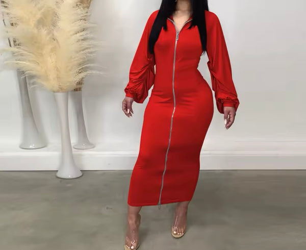 Women Fashion Color Front Zipper Full Sleeve Maxi Dress