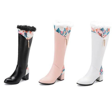 Women Fashion Floral Patchwork Faux Leather Knee High Boots