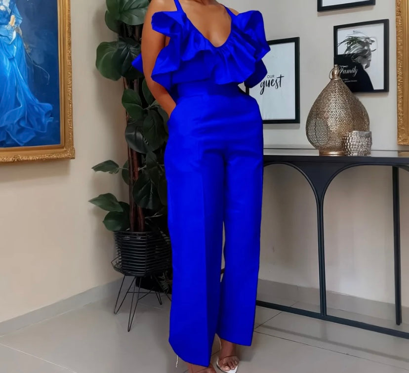 Women Sexy Sleeveless Ruffled Solid Color Two Piece Pant Set