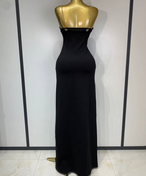 Women Black Chain Sleeveless Metal Ring Sexy Maxi Dress
