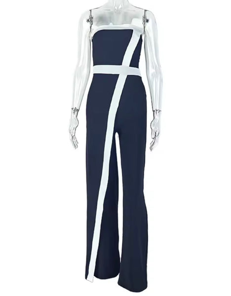 Women Sexy Strapless B&W Asymmetrical Jumpsuit