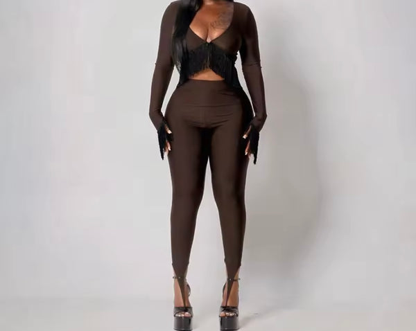 Women Fringe Tassel Full Sleeve Fashion Two Piece Pant Set