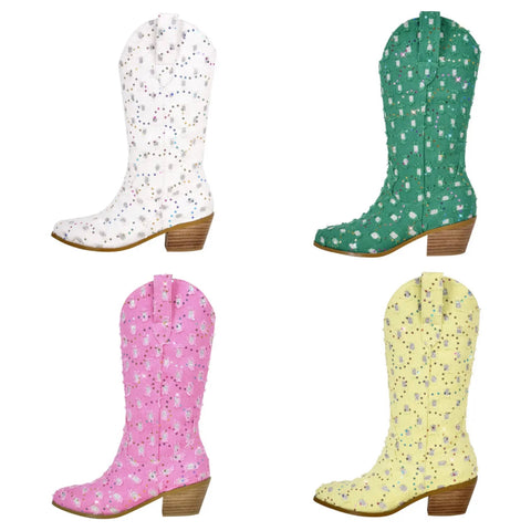 Women Fashion Sequins Denim Western Mid-Calf Boots
