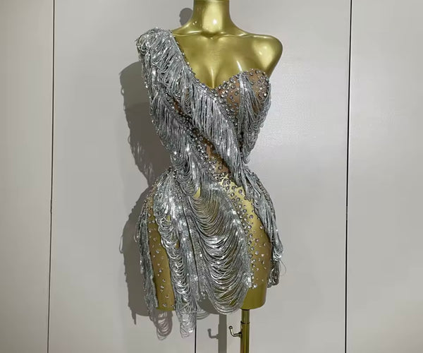 Women Sexy Sleeveless Silver Sequins Tassel Rhinestone Mesh Dress