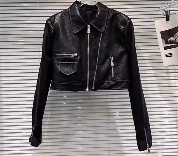 Women Black Zip Up Fashion Faux Leather Jacket
