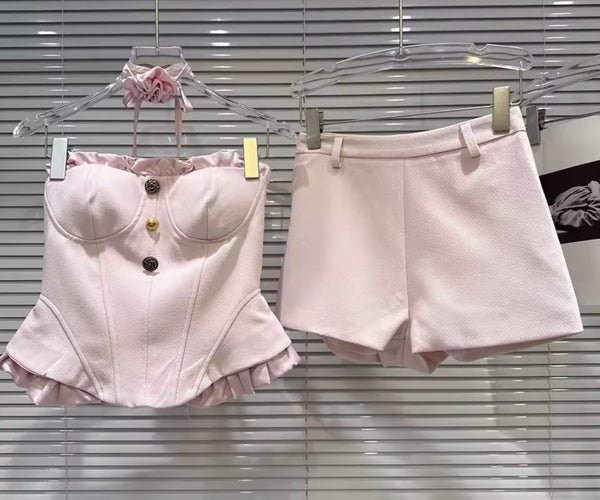 Women Pink Ruffle Strapless Two Piece Short Set
