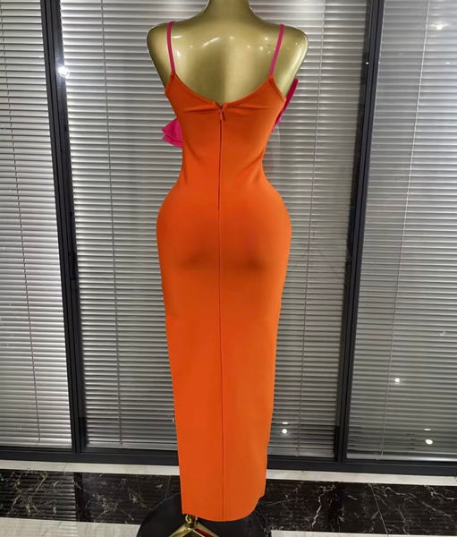 Women Sexy Sleeveless Orange Color Block Ruffle Maxi Dress