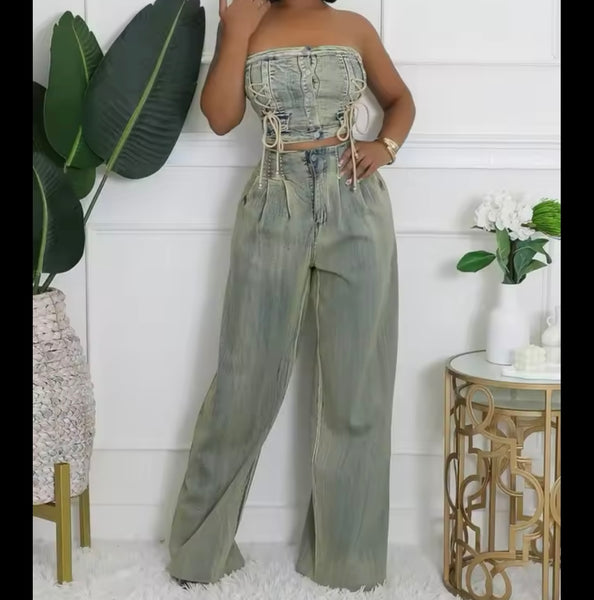 Women Fashion Strapless Denim Two Piece Loose Pant Set