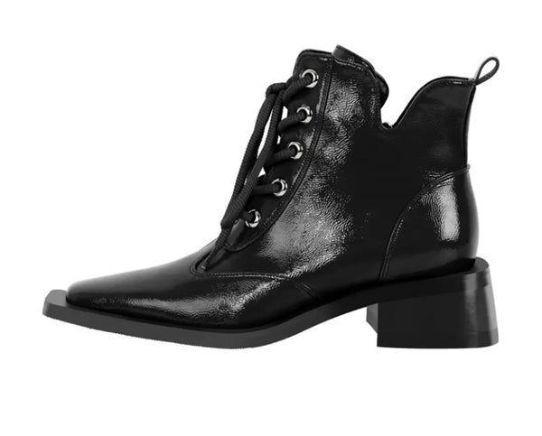 Women Pointed Toe Patent Leather Lace Up Flat Ankle Boots