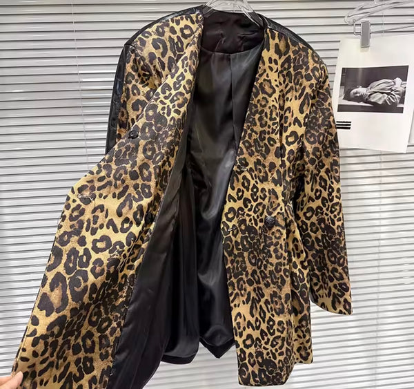 Women Fashion Leopard Print Faux Leather Trench Jacket
