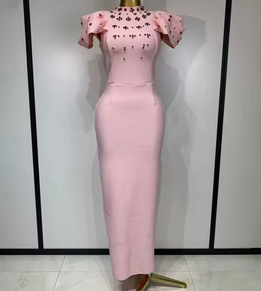 Women Elegant Crystal Patchwork Short Sleeve Maxi Dress