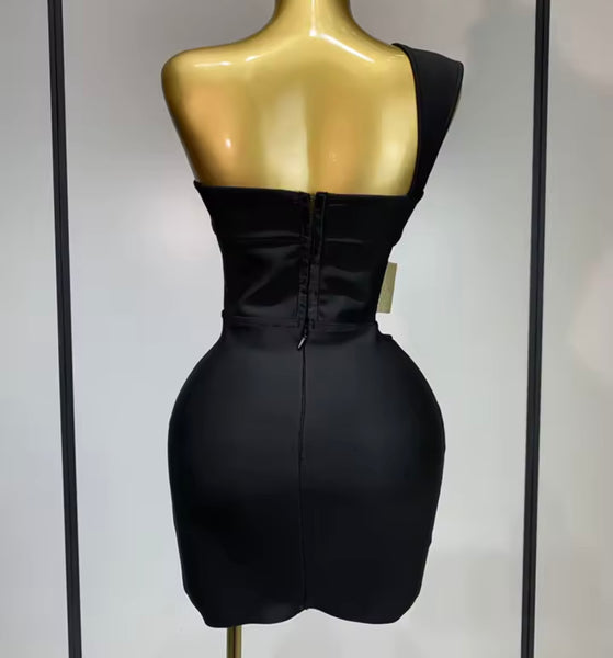 Women Black Sexy One Shoulder Sleeveless Cut Out Bandage Dress